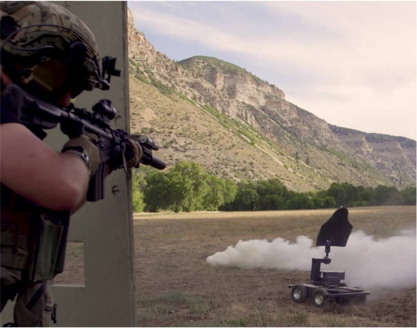 Soldier shooting an ATS Targets Moving Target 74 (MT-74) at an outdoor range in the mountains